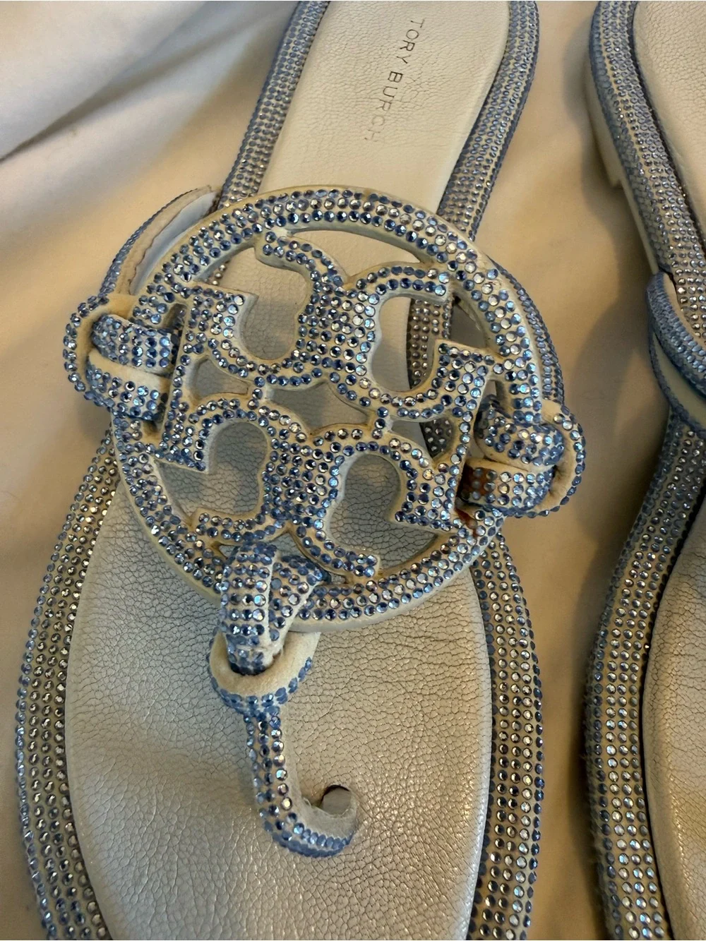 Tory Burch Light Blue rhinestone sparkling Logo Thong Sandals